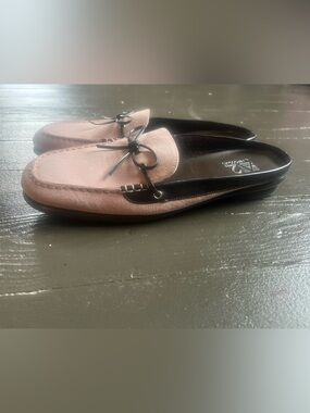 Pink Suede Loafers with Brown  Trim and Bow
